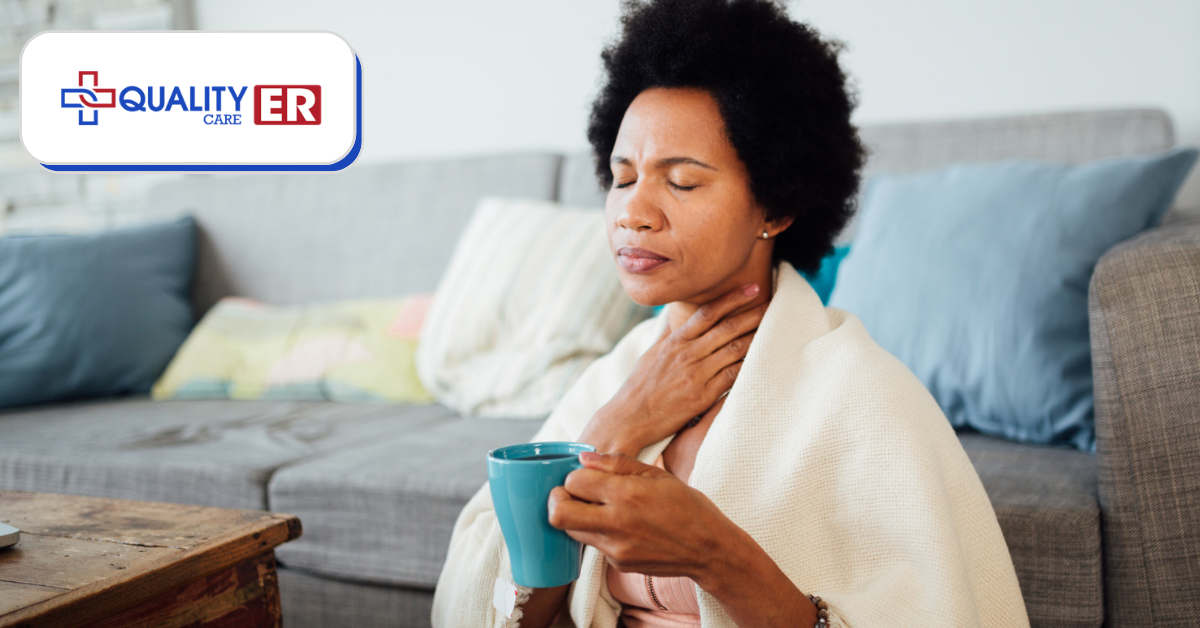 woman suffering from sore throat holding a cup of tea at home strep sick